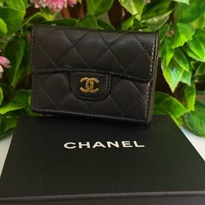 Chanel Black Quilted Lambskin Leather Tri Fold Double Flap Wallet